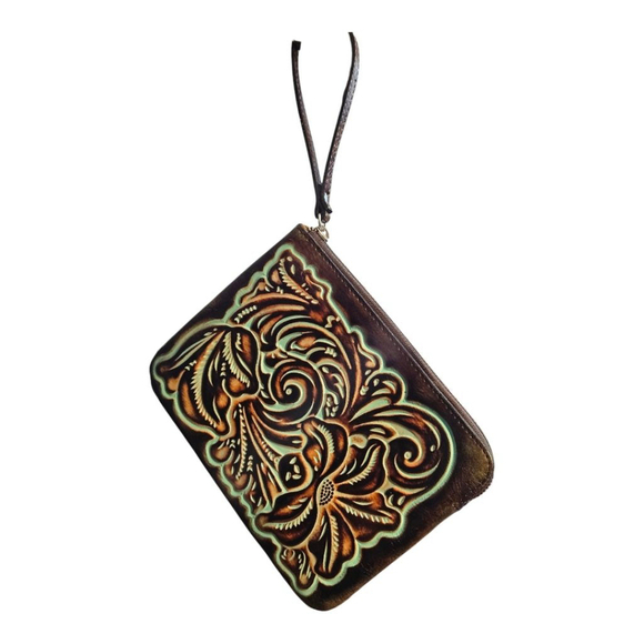 Patricia Nash Turquoise and Brown Leather Clutch Wristlet Wallet - Picture 4 of 9